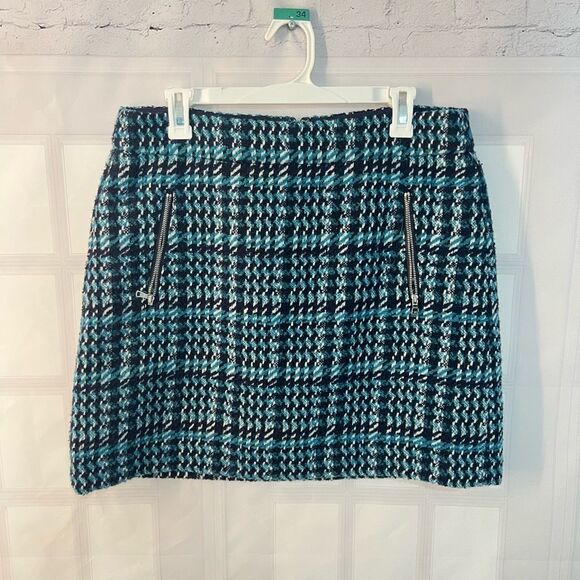 Loft blue teal tweed zipper pockets mini skirt size 12 - Picture 1 of 8